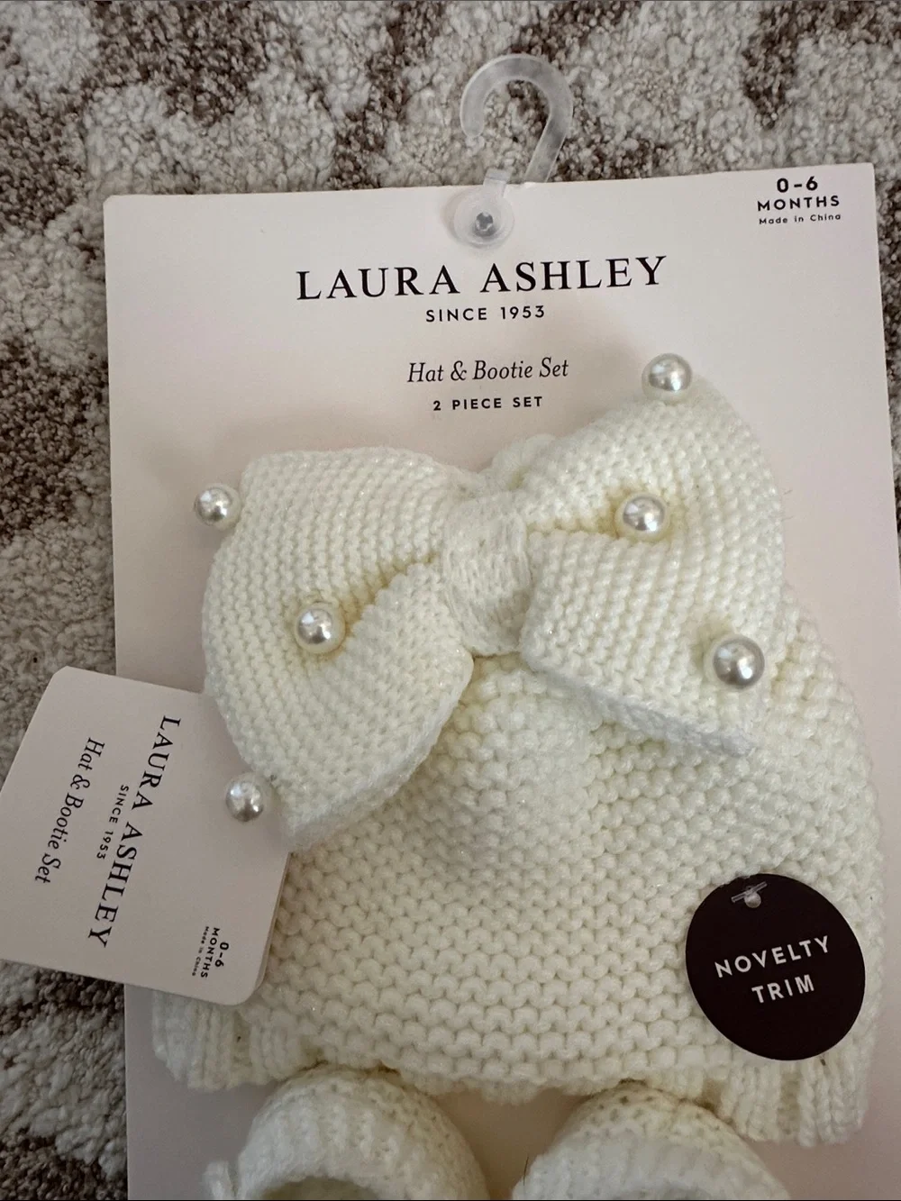 Laura Ashley Cream Knit Hat & Booties Set with Pearl Bow